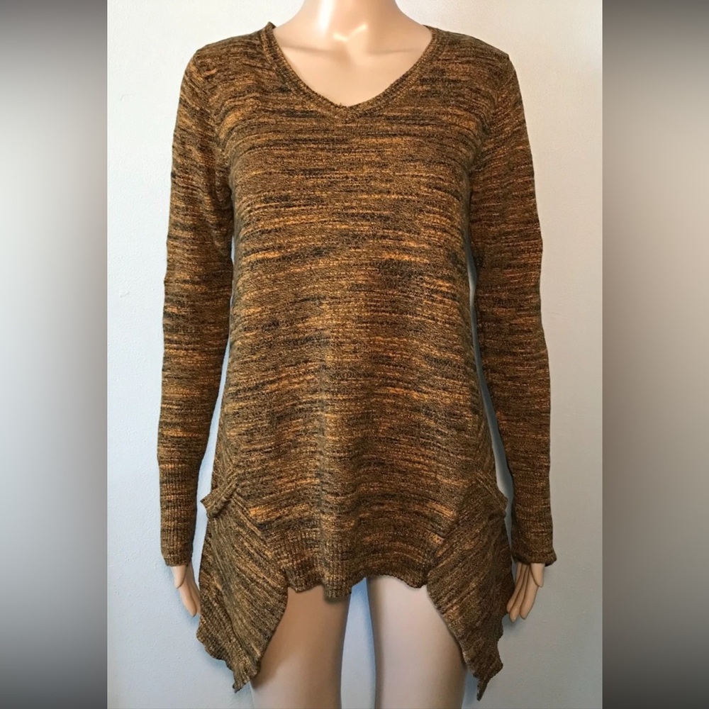 Lori Goldstein Women's Blouse Size XS Yellow Black Marbled Knit Asymmetric Tunic